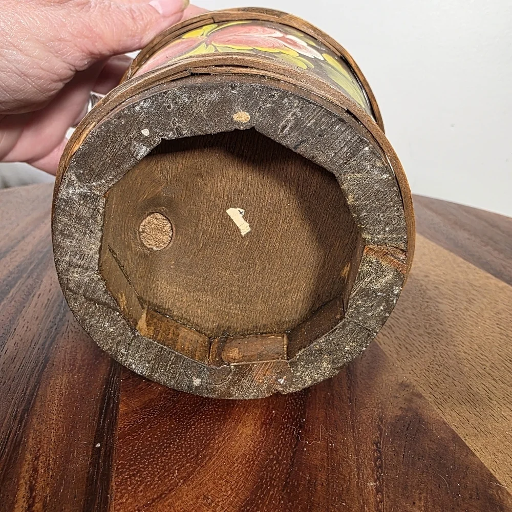 Vintage Handcrafted Small Wooden Pot with Floral Design Scandinavian Antique